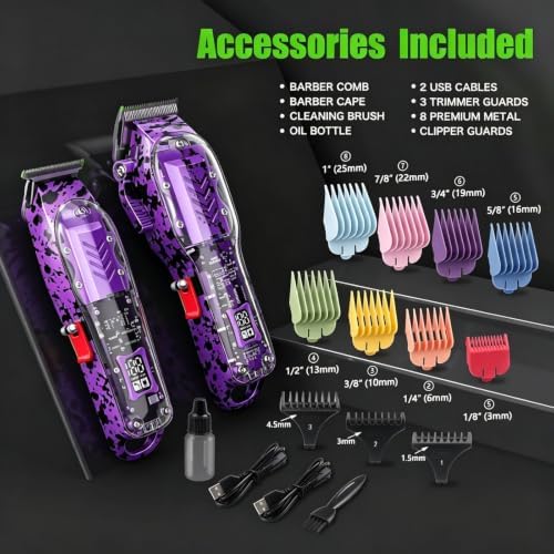 Professional Hair Clippers for Men, Cordless Barber kit for Hair Cutting & Grooming, Hair Clippers and Trimmer Set for Barber Haircut with LED Display, 8 Fade Taper Combs(Purple Set) - Image 3