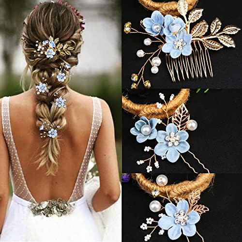 5 PCS Bridal Flower Wedding Hair Pins Crystal Pearl Hair Clips Headpiece Gold Wedding Hair Accessories Jewelry with Rhinestone for Brides Bridesmaids Women Girls Updo, Special Cream Blue - Image 4