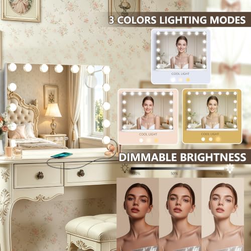 Ratsamee Hollywood Vanity Mirror with Lights, 23" x 18", 15 Dimmable Bulbs, 3 Color Lights, Make Up Lighted Mirror, USB Charging Port, Gifts for Women Wife Teengirls White - Image 3