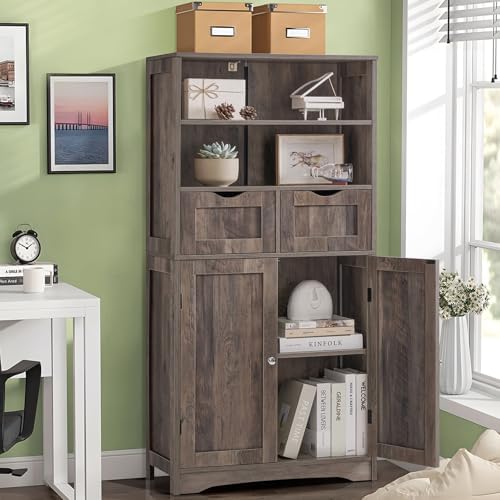 Iwell Tall Storage Cabinet with 2 Drawers & Adjustable Shelf, Bathroom Cabinet with Doors, Kitchen Pantry Storage Cabinets, Cupboard for Living Room, Dining Room, Entryway, Rustic Gray - Image 4