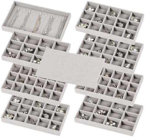 Set of 8 Stackable Jewelry Organizer Trays with 1 Lid for Drawer & Dresser Organizer, Adjustable Velvet Jewelry Box Tray Earring Organizer Necklace Storage Ring Bracelet Display Case (Gray) by Fordonral