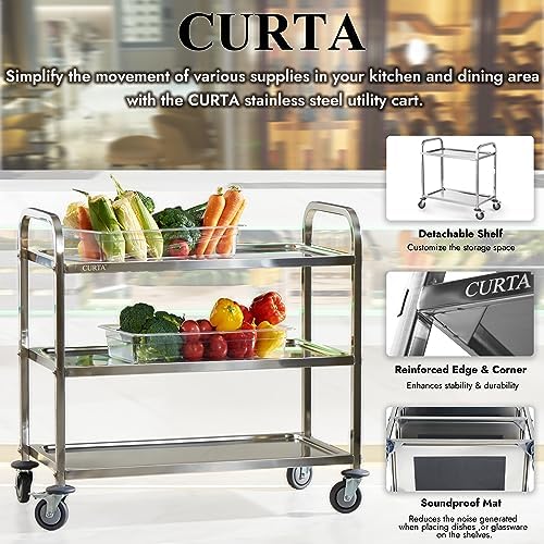 CURTA Stainless Steel Serving Trolley, 30" L x 16" W x 33" H 3 Tiered Shelf Kitchen Utility Cart, Rolling Casters Brake Wheel, Commercial Pro for Restaurant/Hotel/Lab/Clinic/Salon/Workshop - Image 4