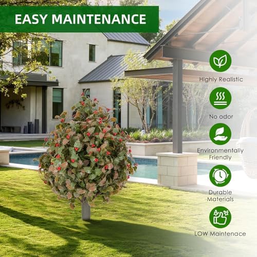 23.6" Artificial Holly Topiary Ball Trees with Metal Ground Spike, Set of 2 - Image 3