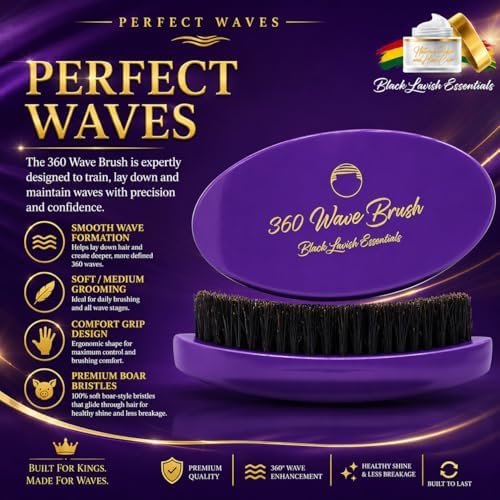 360 Wave Brush, Build Deeper Waves, Soft & Hard Boar Bristle Curved Brushes BLACK LAVISH ESSENTIALS Hard Bristle (Medium-Hard Brush, Purple) - Image 4