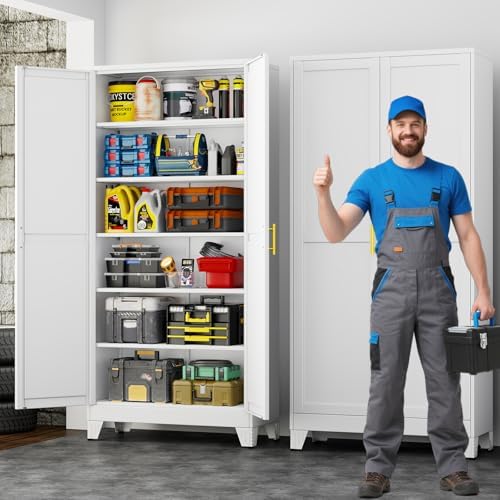 75" Metal Garage Storage Cabinet with 2 Doors and 5 Adjustable Shelves,Metal Storage Cabinets,Steel Tool Cabinets for Home,Office,Garage,Warehouse (White, 75''H x 36''W x 18''D) - Image 2