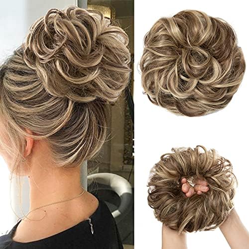 CJL HAIR Large Messy Bun Hair Piece Wavy Curly Scrunchies Synthetic Chignon Ponytail Hair Extensions Thick Updo Hairpieces for Women Brunette/Ash Blonde by CJLHAIR