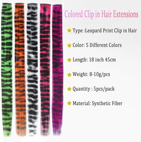Ms Aloe 5 Pcs Leopard Print Clip in Hair Extensions 18inch Synthetic Straight Clip in Hair Extensions Stripe Printed Hairpiece Colorful Colored Hair Accessories for Women (5 Colors) - Image 2