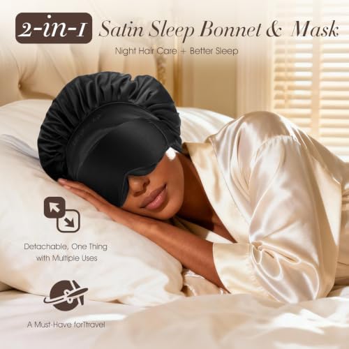 LC-dolida Satin Silk Bonnet for Sleeping Women Men, 2-in-1 Bonnet with Eye Mask Adjustable Hair Bonnet for Curly & Natural with Sleep Mask, Reduce Frizz, Lock in Moisture, Prevent Breakage and Tangles - Image 2