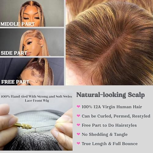 ALHER Small Cap Lace Front Wigs Human Hair 24 IN #4/27 Honey Blonde Highlight Straight 13X4 Lace Frontal Wig With Baby Hair 200% Density, Small Cap 21-21.5 Balayage Piano Colored Wig for Black Women - Image 6