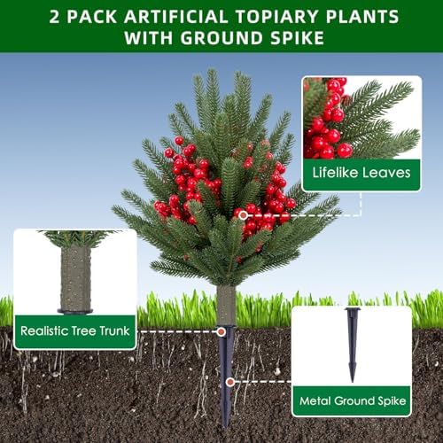 21.6" Artificial Cedar Topiary Ball Trees with Metal Ground Spike, Set of 2 - Image 6