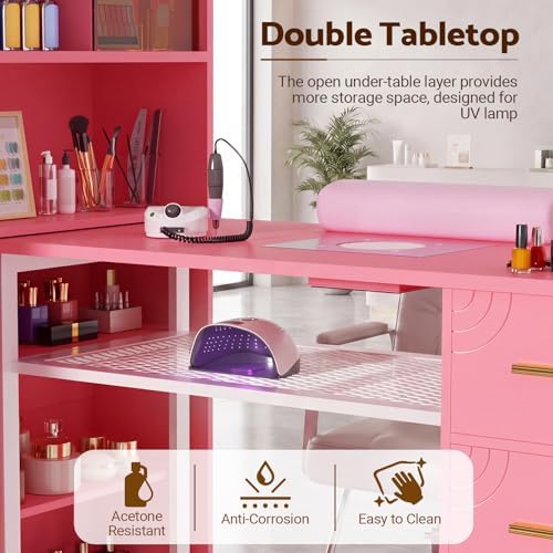 Manicure Table with Dust Collector and LED Display Cabinet (Pink) - Image 6