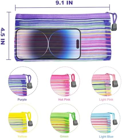Mesh Bags with Zipper (6 Pack), Small Nylon Makeup Bag Cosmetic Pouches Travel Organizer for Purse Diaper Bag Home Organizing Striped Mix 6 Colors - Image 7