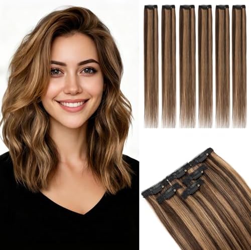 Rich Choices Short Clip In Hair Extension Real Human Hair-Single Clip Hairs Extension for Women 6PCS-Mini Clip in Hairpieces for Thin Hairs-12 Inches #2RP6 Chocolate Brown Highlight Light Brown by RichChoices