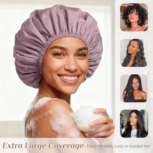 Extra Large Waterproof Shower Cap for Women, Double Layer Satin Lined Hair Bonnet for Curly Hair, Reusable Bath Cap with Elastic Edge for Long Thick Hair (Purple) - Image 6