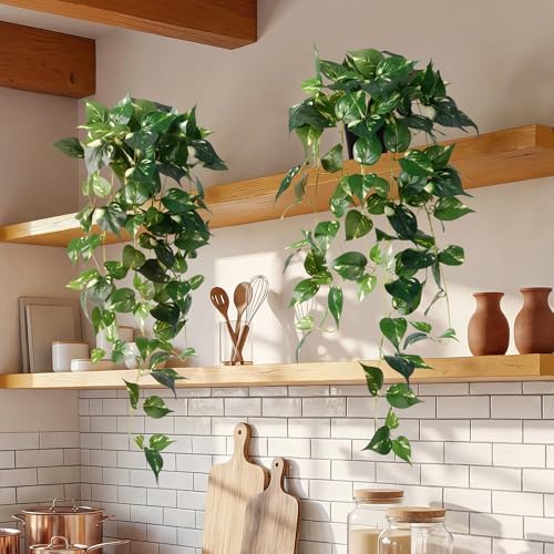 Artificial Hanging Plants with Pots - 33" Fake Pothos Silk Greenery for Indoor Outdoor, Realistic Faux Plants Potted for Shelves Bedroom Bathroom Trailing Plant, Dark Green 2 Pack - Image 3