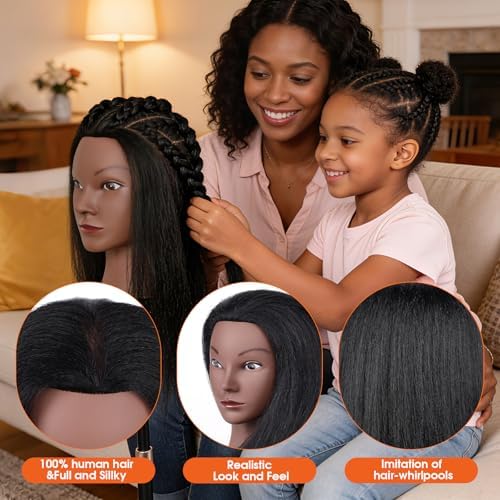 Mannequin Head with 100% Human Hair,TopDirect 16"Real Hair Cosmetology Mannequin Manikin Head Hair Styling Hairdressing Practice Training Doll Head with Clamp Holder and Tools (Black) - Image 4