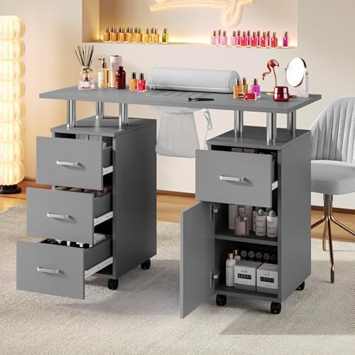 Manicure Table for Nail Tech, Nail Desk Table Station with Electric Dust Collector Side Cabinet 4 Drawers and Wrist Rest, Beauty Salon Nail Supplies Decor Workstation, Grey - Image 4