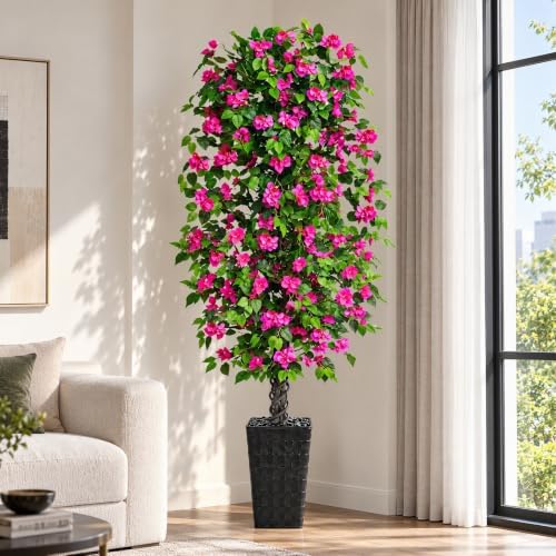 Artificial Bougainvillea Tree 7FT, Fake Tree with Flowers Black Planter by Zyfera