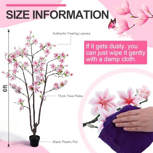 Giegxin 6 FT Tall Artificial Magnolia Tree, 72 Inches Faux Magnolia Trees Realistic UV-Resistant Flower Leaves Plant with Pot for Patio Home Office Wedding Living Room Indoor Outdoor Decor(Deep Pink) - Image 2