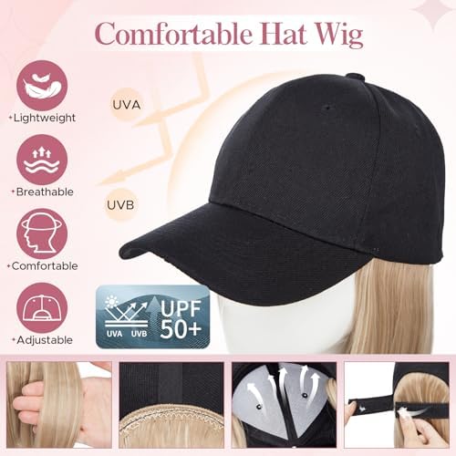 SEGO Baseball Cap with Hair Extensions for Women Heat Resistant Synthetic 6" Adjustable Short Straight Hairpiece Replacement Wigs in Black Hat for Girls 85P613 Light Blonde Mix Bleach Blonde - Image 2