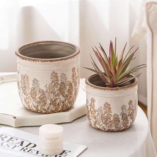 Ceramic Plant Pots Set of 2, 4.7+5.7 Inch Vintage Indoor Planters with Drainage Hole, Farmhouse Ceramic Flower Pots for Indoor Plants, Rustic Cottage Decor for Home Kitchen Garden, Brown - Image 5