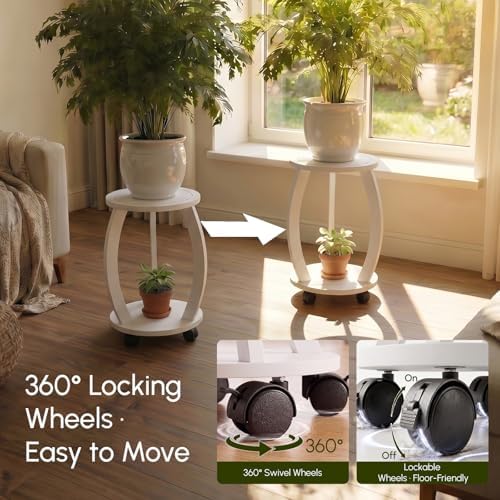 2 Tier Wooden Plant Stand Indoor with Wheels – Tall Plant Stand for 6-12 Inch Pots, Mid-Century Modern Rustic Plant Table Indoor, Pedestal Stand for Corner, Living Room, Balcony, White - Image 5