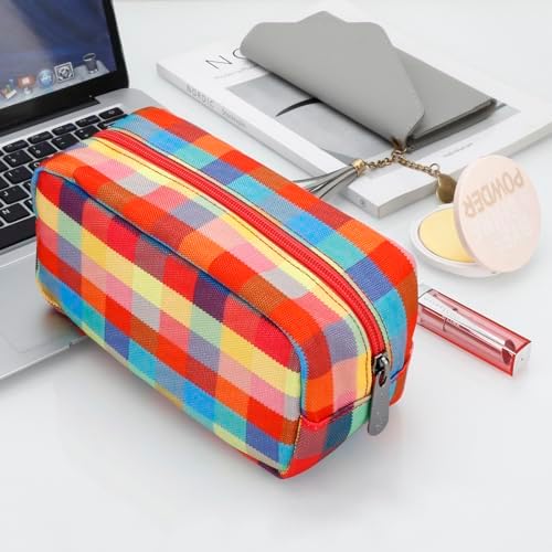 E-Tree Cute Makeup Bag,Travel Make up Pouch for Purse,Zipper Toiletry Cosmetic Brush Skin Care Case for Women Man,Tech Electronic Organizer,Small Canvas Storage for Personal Items,Colorful Checkered - Image 6