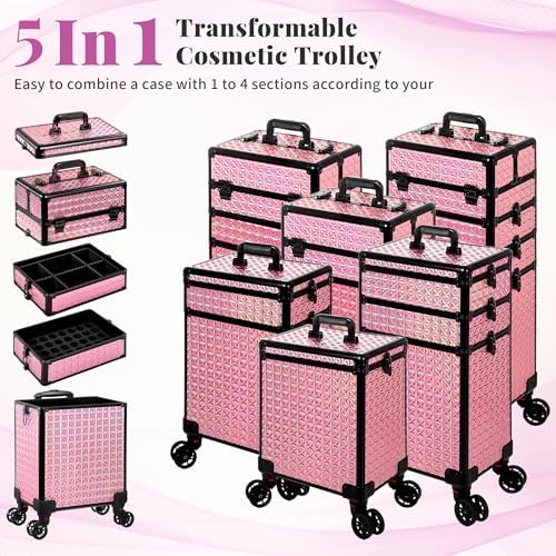 AROUS 5 in 1 Rolling Makeup Train Case with Lid Cosmetology Case on Wheels - Image 3