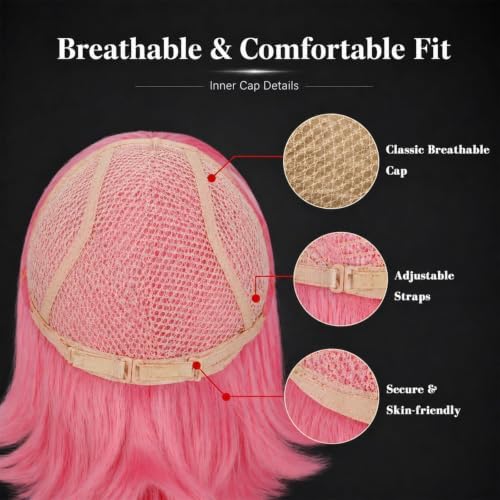 Short Pink Bob Wig with Bangs for Women - Image 4