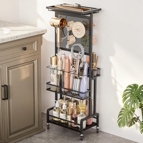 Hair Tool Organizer Cart with Hair Dryer Holder, Narrow Bathroom Storage Cart for Curling Flat Iron & Hot Tools, Slim Hair Appliance Organizer for Vanity Styling Tools (Black) by VINAEMO