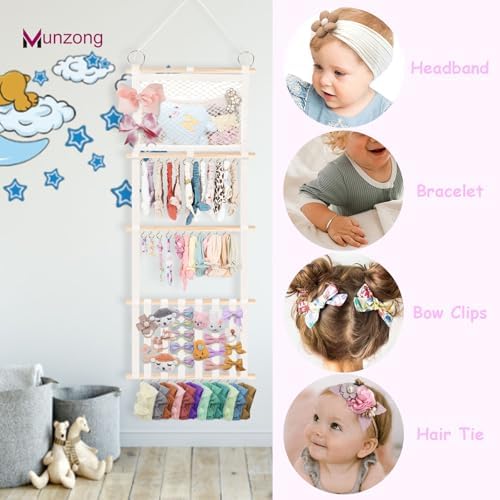 Munzong Bow Holder for Girls Hair Bows 52x17 inch, Beige Bow Clip Organizer - Image 5