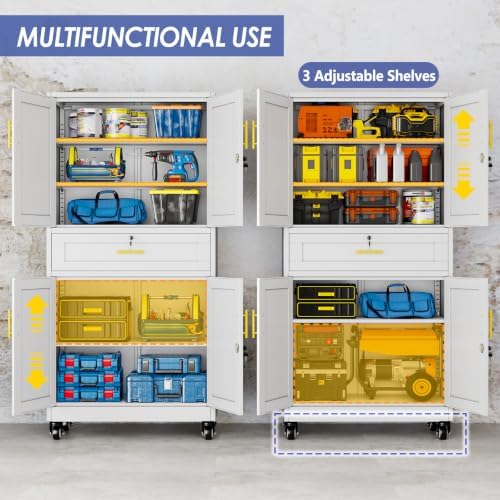 74" Metal Garage Storage Cabinet with Wheels and Locking Doors - Image 4