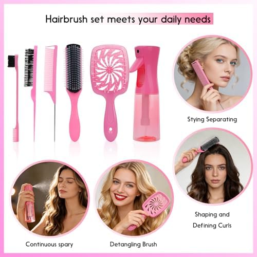 Hair Brush Set with Detangling Brush,Spray Bottle,3 Pieces Rat Tail Combs For Toddlers,Suitable for Pain-Free Brushing on All Wet or Dry Hair Types (Pink) - Image 7