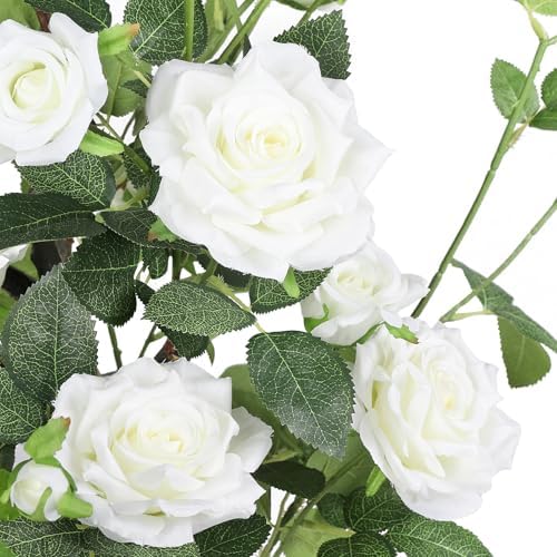 Romantic season 2Pack Artificial Rose Flower Trees, 42Inch White Faux Rose Tree with Green Leaves for Living Room Office Home Outdoor Indoor Decor - Image 2