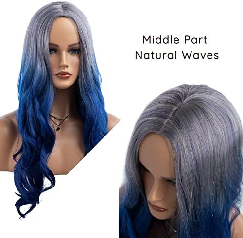Long Curly Wavy Silver Grey to Blue Wig Middle Part Natural Looking Synthetic Cosplay Wig for Women - Image 4