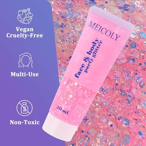 MEICOLY Chameleon Baby Pink Body Glitter,Pink Turn to Purple Face Glitter Paint,Holographic Color Changing Mermaid Hair Glitter Gel for Hair,Self-Adhesive Pink Halloween Glitter for Festival Party - Image 6
