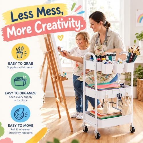 3 Tier Heavy Duty White Metal Rolling Cart with Lockable Wheels, Baby Carts - Image 3