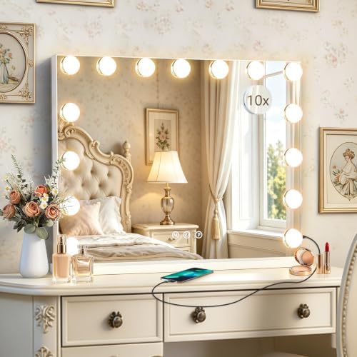 Ratsamee Hollywood Vanity Mirror with Lights, 23" x 18", 15 Dimmable Bulbs, 3 Color Lights, Make Up Lighted Mirror, USB Charging Port, Gifts for Women Wife Teengirls White by RATSAMEE