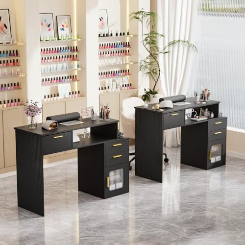 OmySalon Nail Desk with Electric Dust Collector & Glass Cabinet - Professional Manicure Table with Storage Drawer, Gold Handles, Wrist Cushion for Salon, Spa (Black) - Image 7