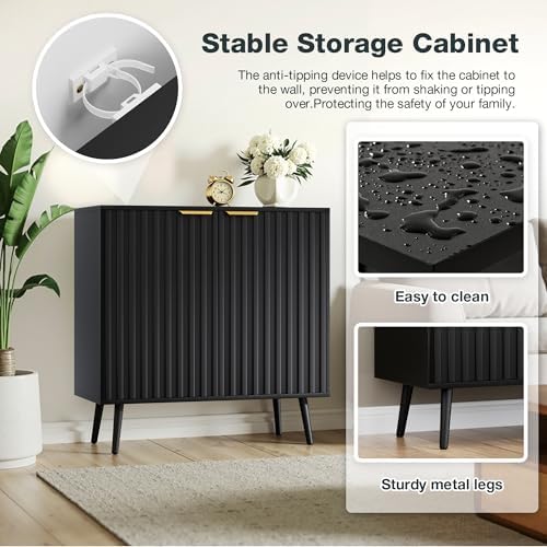 Vrullu Modern Storage Cabinet, Black Sideboard and Buffet Storage, Wood Accent Cabinet for Living Room, Hallway, Entryway, Dining Room (1, Black+Gold) - Image 5