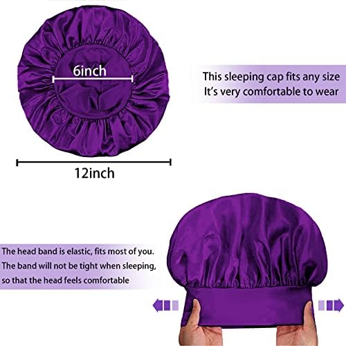 4Pcs Silk Satin Bonnets for Sleeping - Elastic Wide Band Wrap for Black Women Men,Silk Bonnets for Curly Hair,Large Hair Cap for Sleeping (Black+Wine Red+Purple+Brown) - Image 5