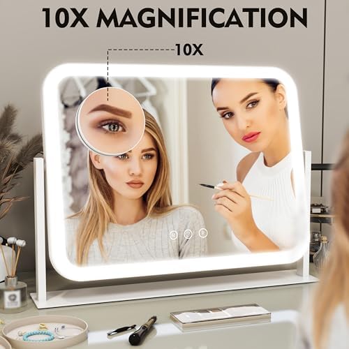 ROLOVE Lighted Makeup Mirror, 17"x13" Vanity Mirror with Lights, 10X Magnification, Gifts for Women, 3 Color Lighting Modes, Smart Touch Control, 360° Rotation for Bedroom or Tabletop (White) - Image 6