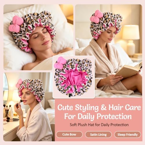 Cute Bear Ears Bow Bonnet Adjustable Sleep Cap Women Large - Image 5