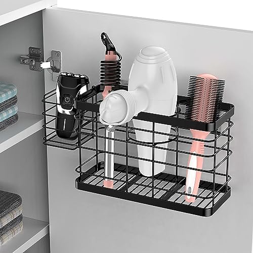 Hair Tool Organizer - Black Steel Wall Mounted Hair Dryer Holder with Removable Basket, 10.62"L x 4.33"W x 6.69"H, Ideal for Small Bathrooms - Image 3