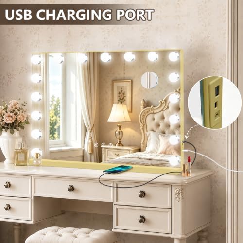 Ratsamee Gold Hollywood Vanity Mirror with Lights, 17 Dimmable Bulbs, 3 Color Lights,Make Up Lighted Mirror, Aluminum Metal Frame, USB Charging Port（28" x 20"） - Image 5