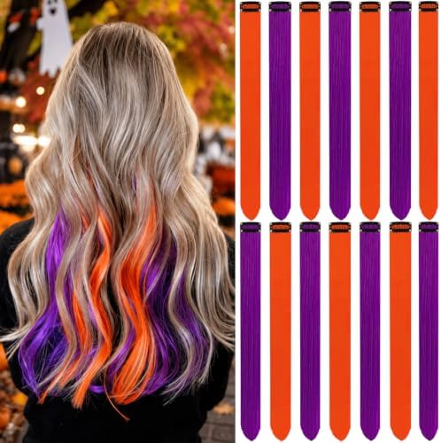 Colored Hair Extensions Clip in Purple and Orange Hairpiece 14 PCS by LADYAMZ