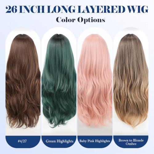 HAIRCUBE Long Wig with Bangs Layered Curly Wigs for Women Natural Synthetic Wigs for Daily Use (#4/27 pelucas de cabello natural) - Image 7