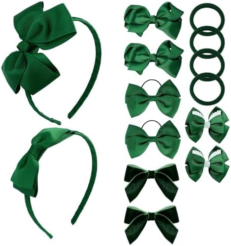 phnydreg Girl Green Hair Bow Accessories 14 Pieces Uniform Hair Bows Hair Clips Headband for School Toddler Girls by phnydreg