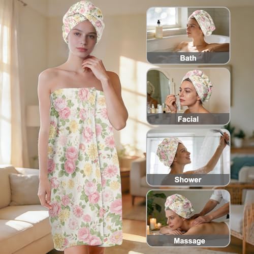 Absorbent Bath Towel Wrap Set (32x 60 in), Vintage Flower Towel Wrap - Image 2