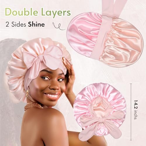 BONNET QUEEN Silk Bonnet for Sleeping Satin Bonnet with Tie Hair Wrap Double Layer Sleep Cap for Women Curly Hair, Jade Pink - Image 3